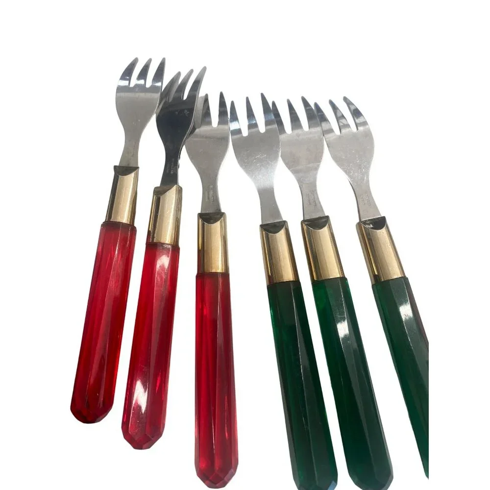 Vintage Red & Green Lucite Handle Appetizer Fork & Knife Set 6 Each